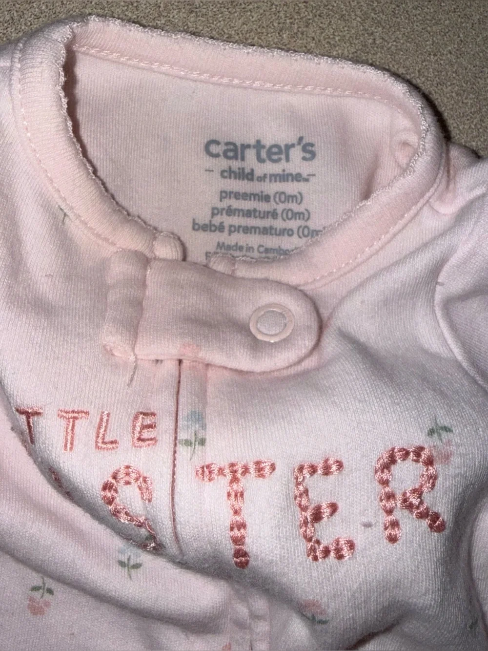 Carter’s Preemie Baby Girl Sleeper Pajamas Little Sister Floral Print Two Way Zi